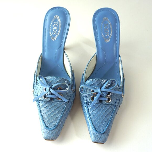 TOD'S Light Blue Leather Mules Size 6 Snakeskin Pattern - Picture 3 of 10